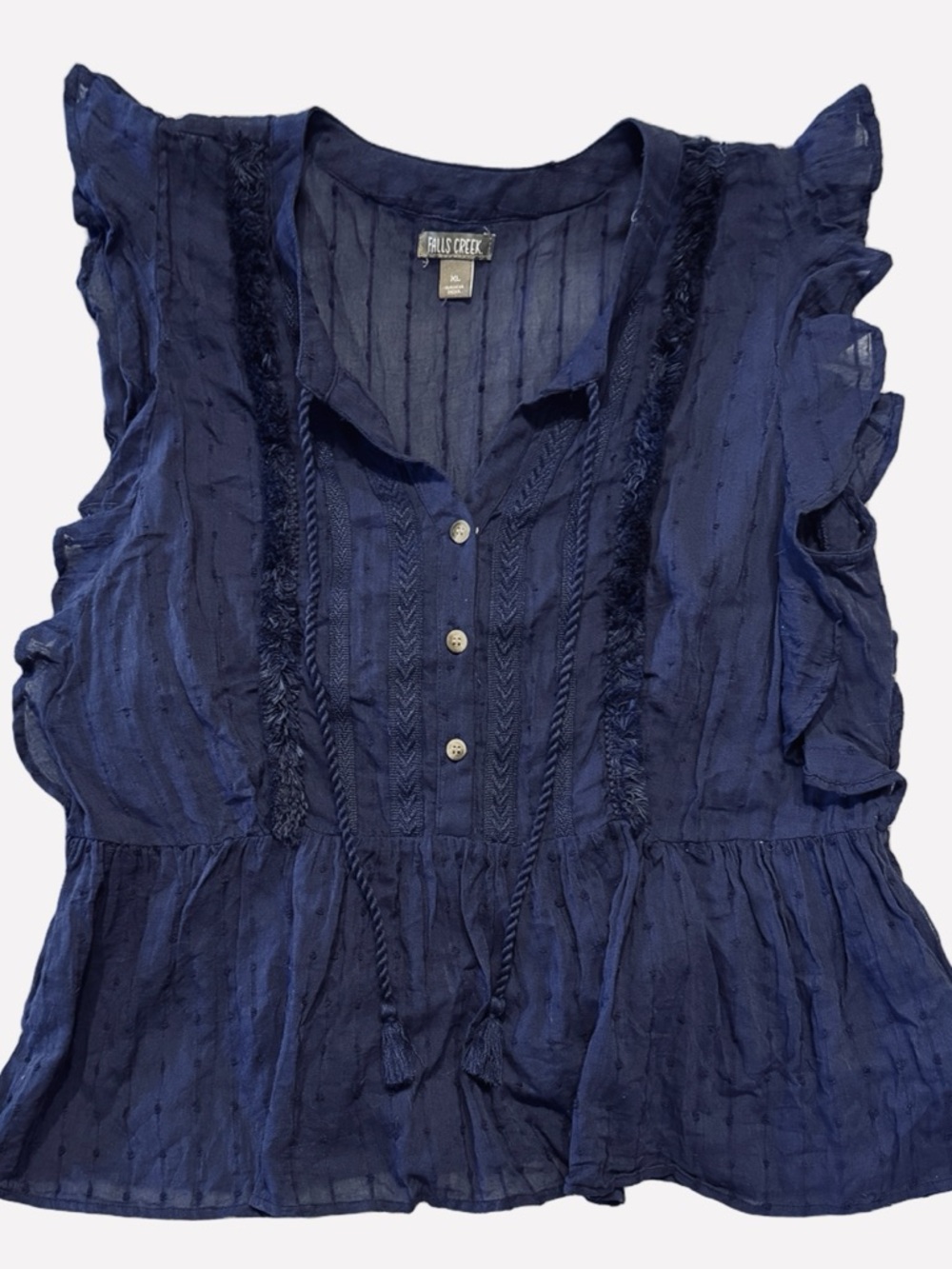 Falls Creek Navy Ruffle-Trim Peplum Sleeveless Peasant Top